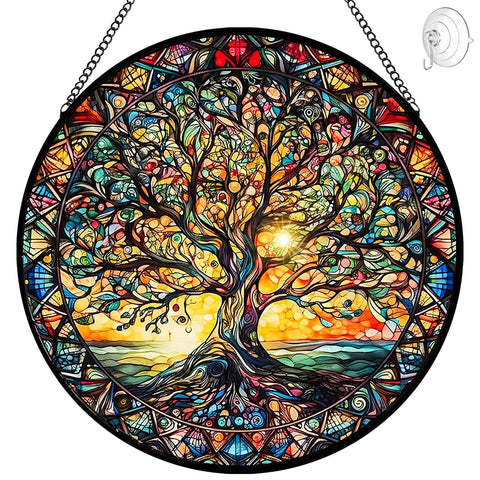 Tufeu Tree of Life suncatcher closeup showing vibrant glass for sunlit windows