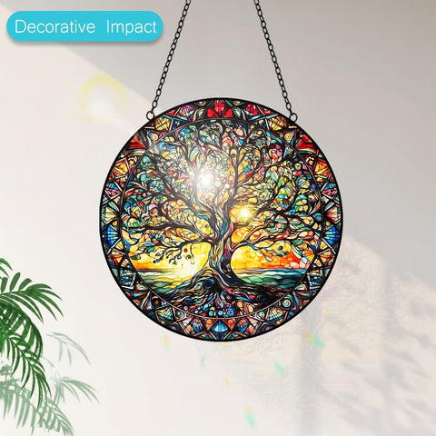 Tufeu Tree of Life suncatcher hanging with transparent suction cup hook for easy display