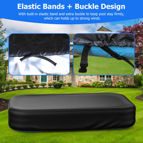 Tufmunb rectangular pool cover protects from debris and leaves, maintaining water clarity.