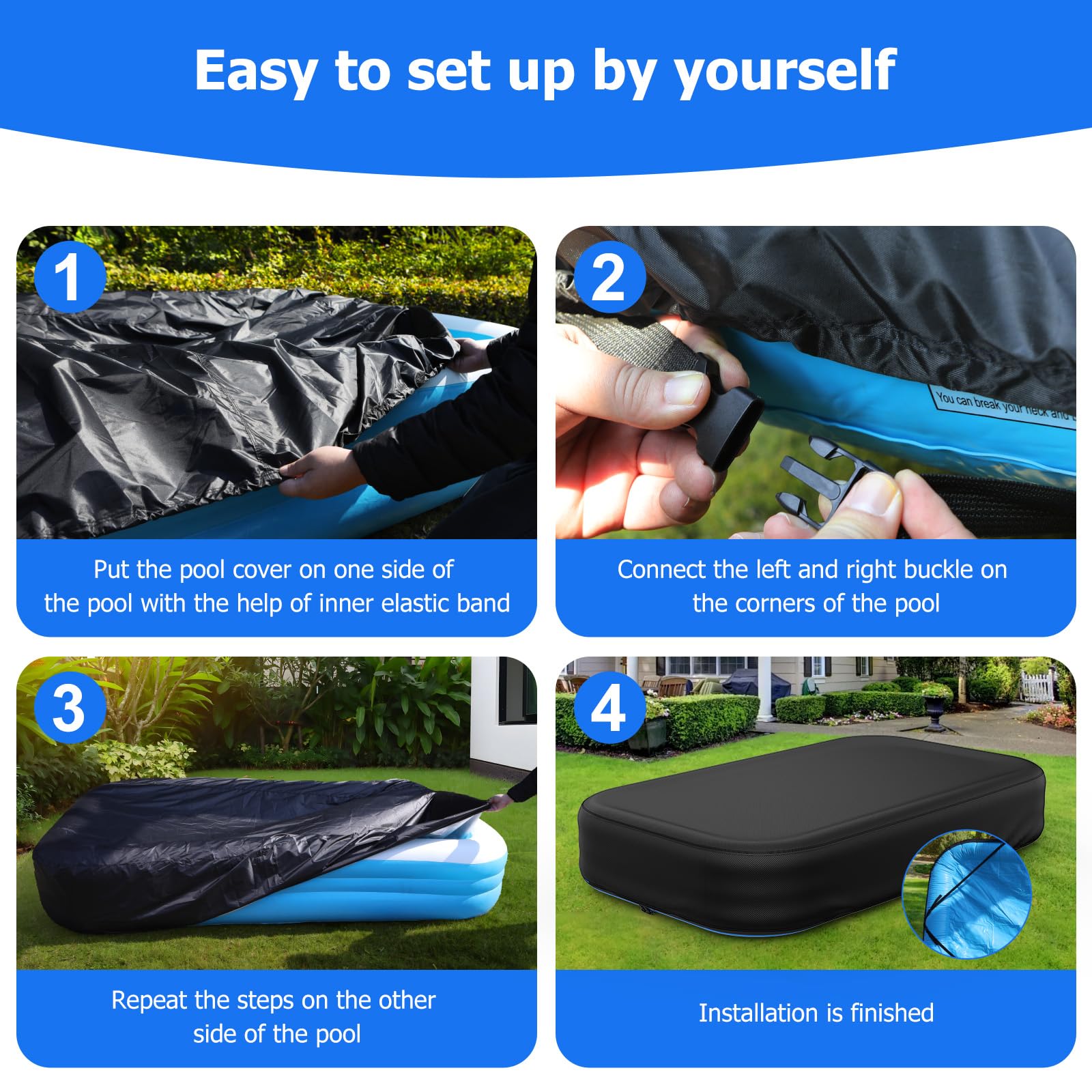 Tufmunb pool cover installs easily with corners and buckles for quick setup.