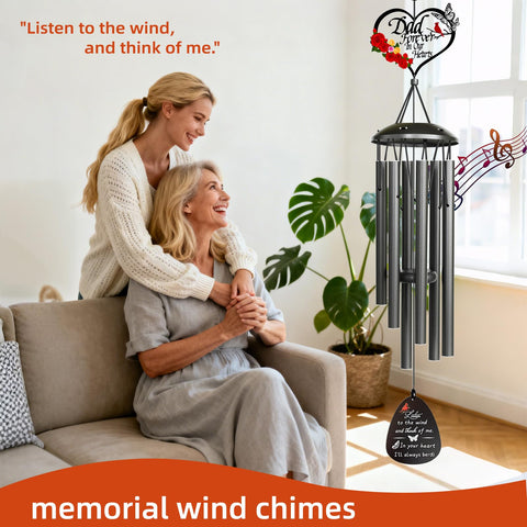 Heart-shaped cardinal ornament on wind chime evokes memory