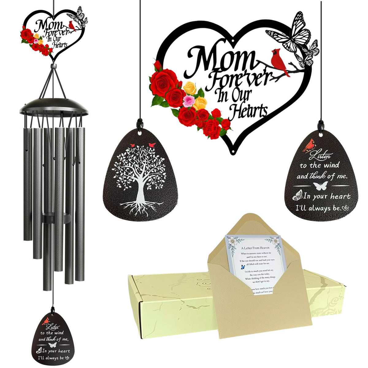 TUHYOCG Memorial Wind Chimes front view, elegant memorial decor that honors a loved mother.