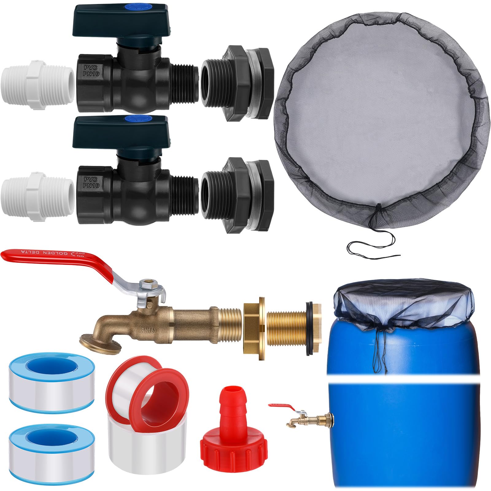 Tujoe rain barrel kit spigot assembly showing durable PVC fittings for easy water flow.