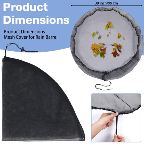 Tujoe rain barrel mesh cover with drawstring blocks debris while letting water through.