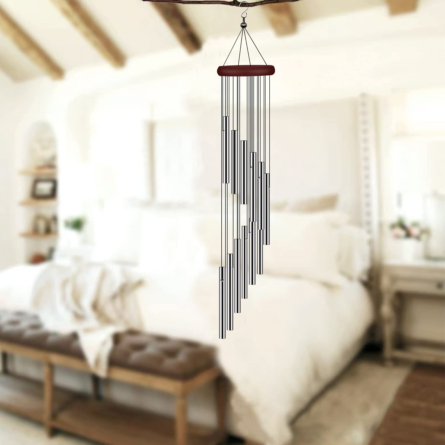 Tujol wind chimes with 12 aluminum tubes for durable outdoor use.