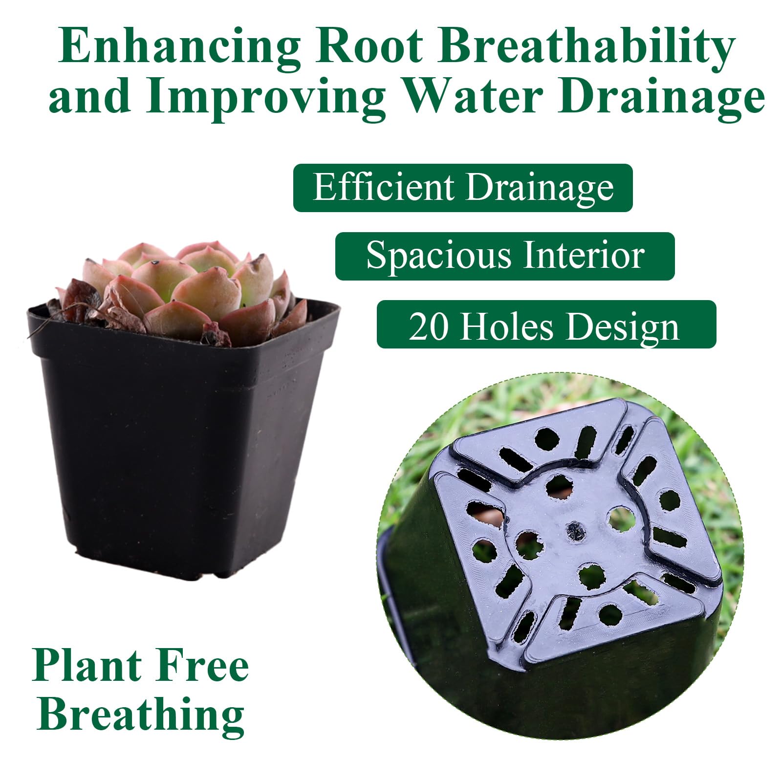 Tulpeed square pot drainage closeup highlights durable PP plastic.