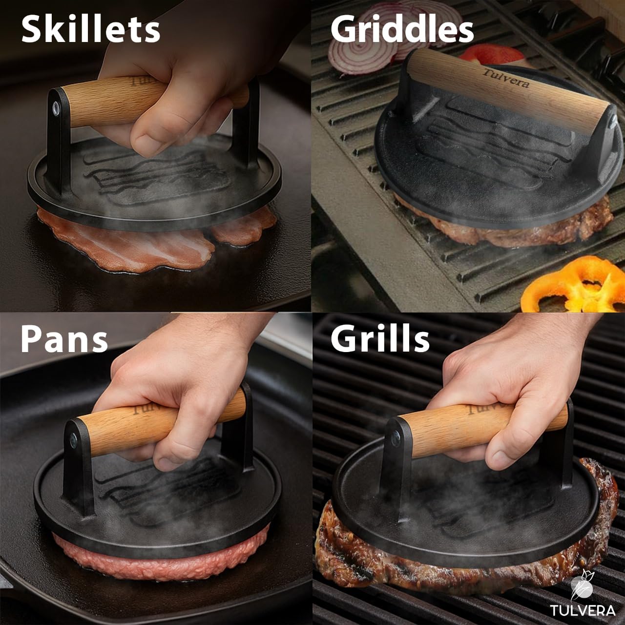 Tulvera flat-edge smash-press designed to prevent caking and buildup during use.
