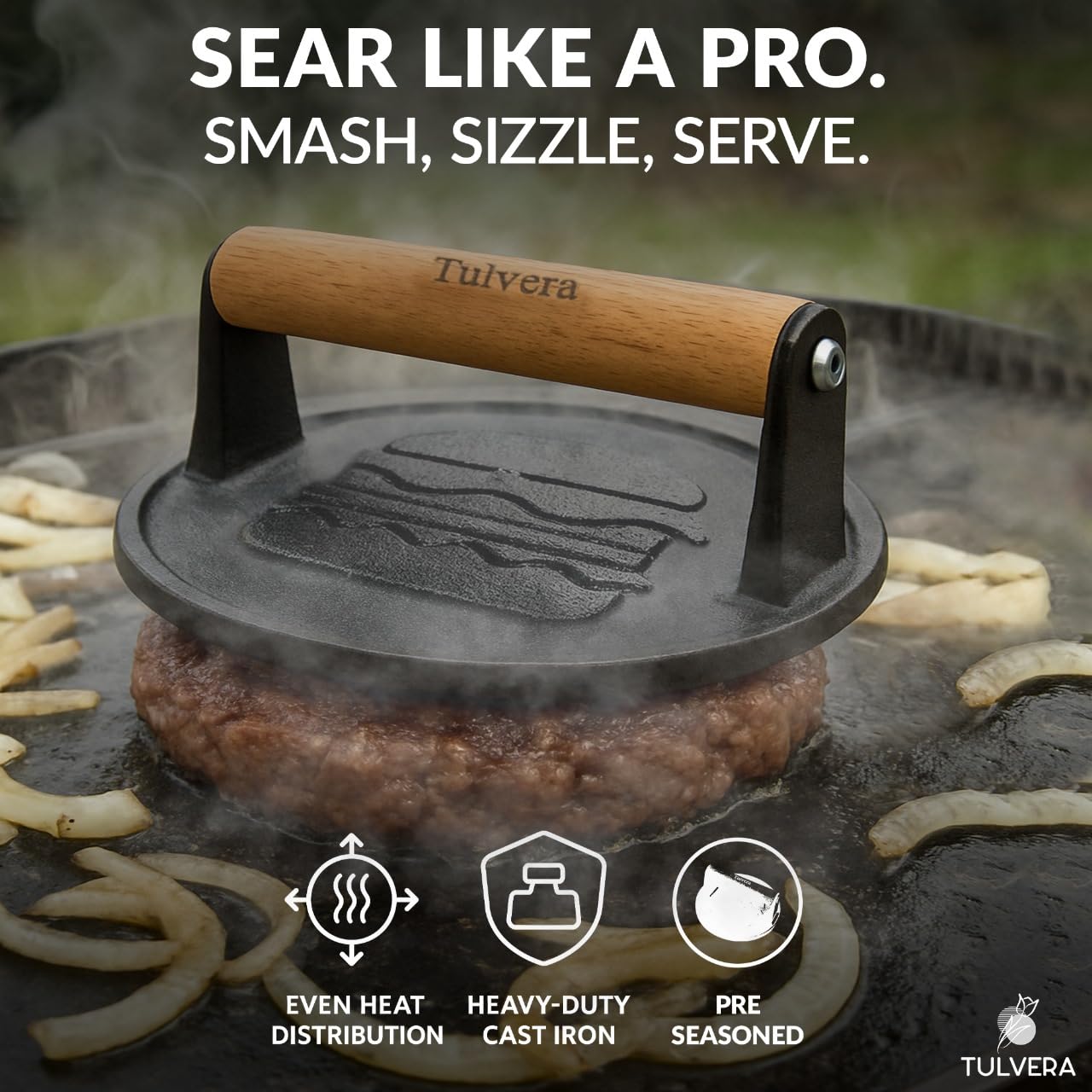 Tulvera Smash Burger Press on grill enables consistent patties with reduced sticking.