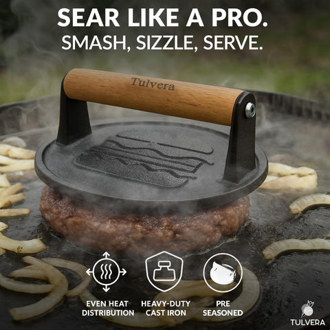 Tulvera Smash Burger Press on grill enables consistent patties with reduced sticking.