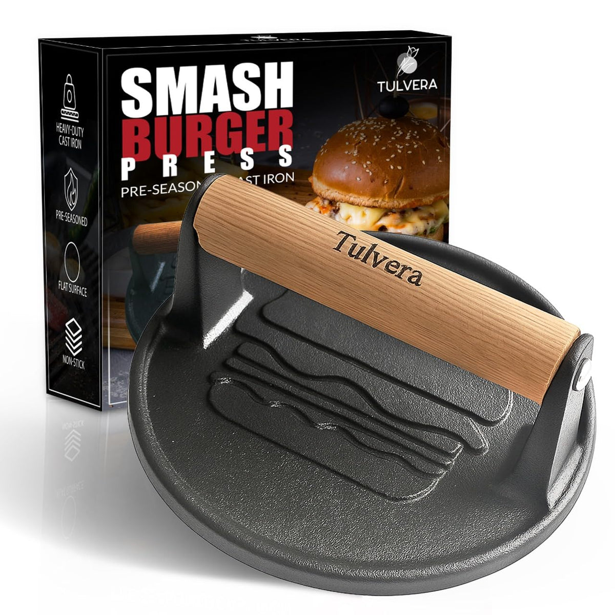 Tulvera Smash Burger Press top view shows flat-edge design for even pressure and juicy results.