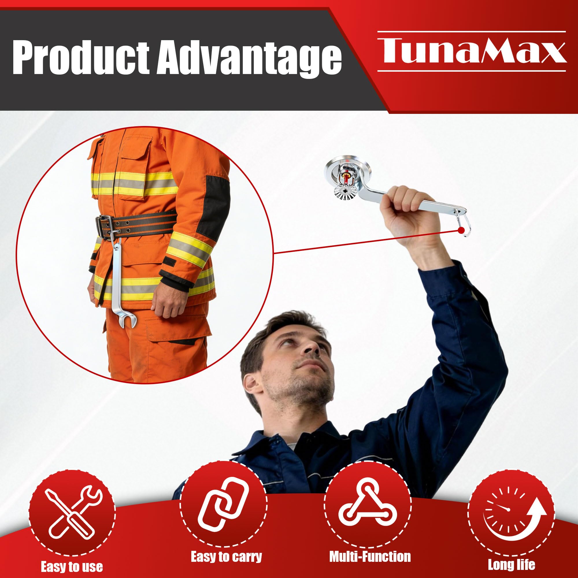 TunaMax wrench loosening upright sprinkler head during maintenance.