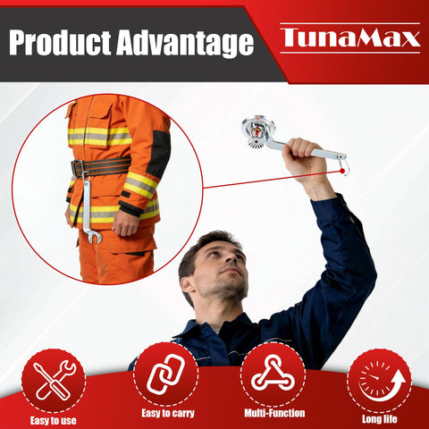 TunaMax wrench loosening upright sprinkler head during maintenance.