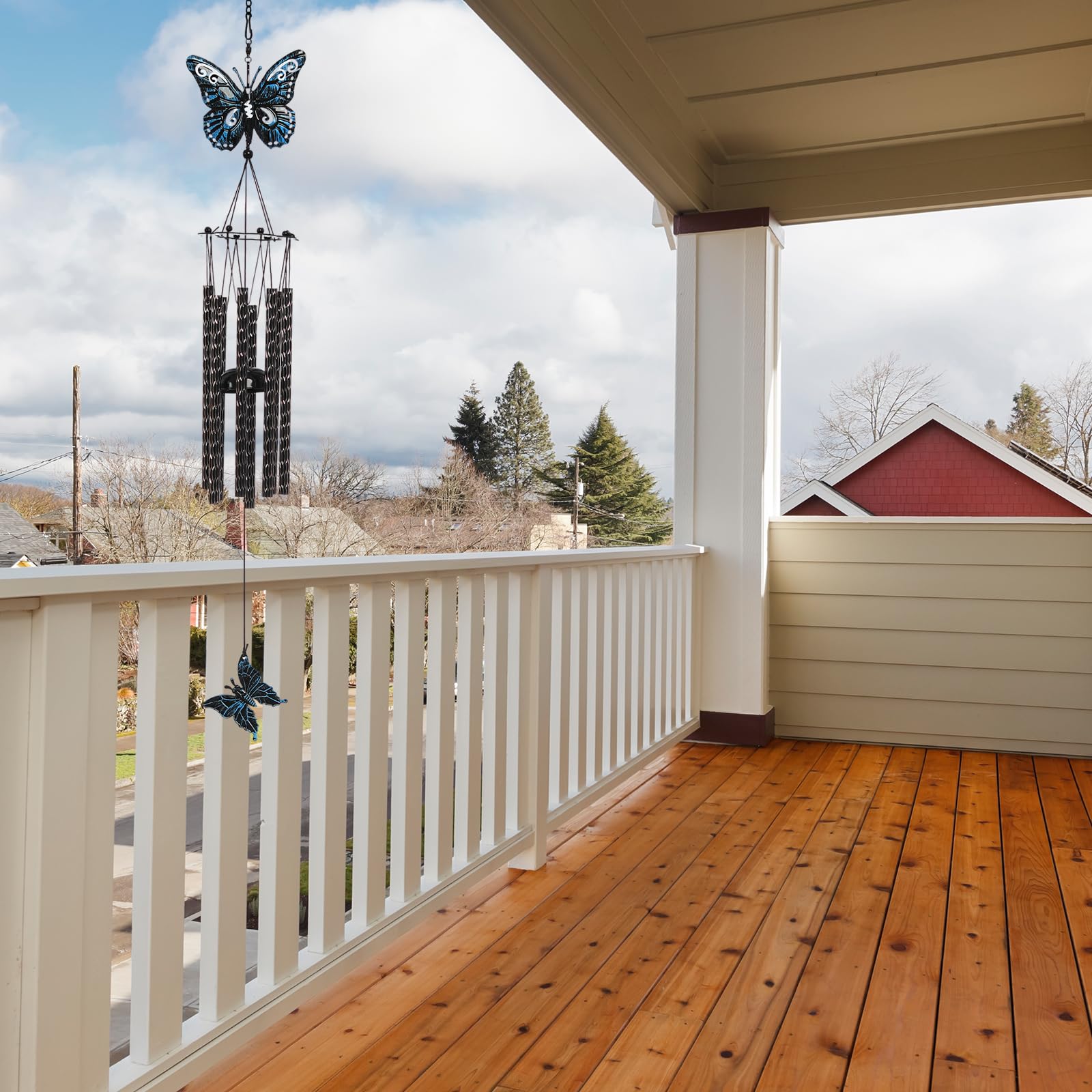 Tuned Wind butterfly wind chime tubes closeup highlights durable aluminum construction.