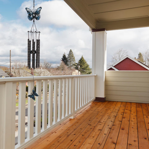 Tuned Wind butterfly wind chime tubes closeup highlights durable aluminum construction.