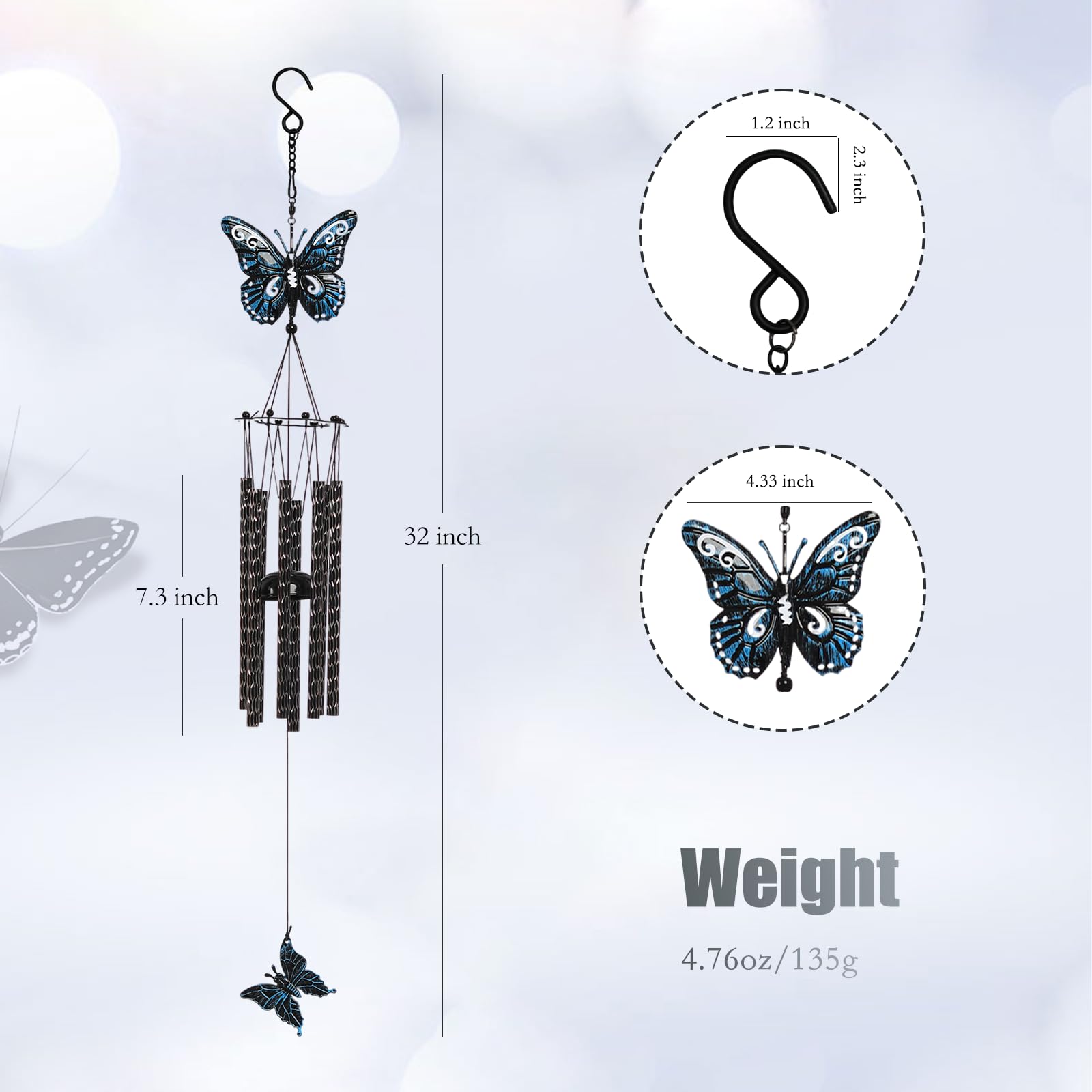Tuned Wind butterfly wind chime on front porch display delivering subtle melodic ambiance.
