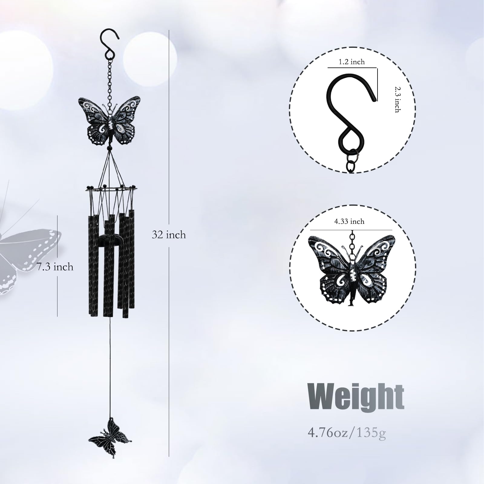 Close-up of Tuned Wind rustproof coating on the butterfly wind chime