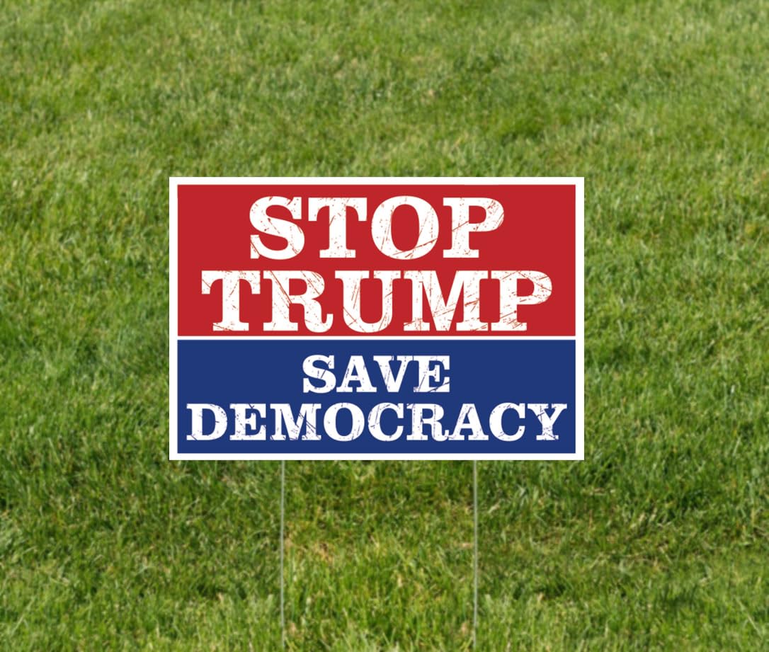 TUOCYERD Stop Trump yard sign back view showing double-sided messaging.