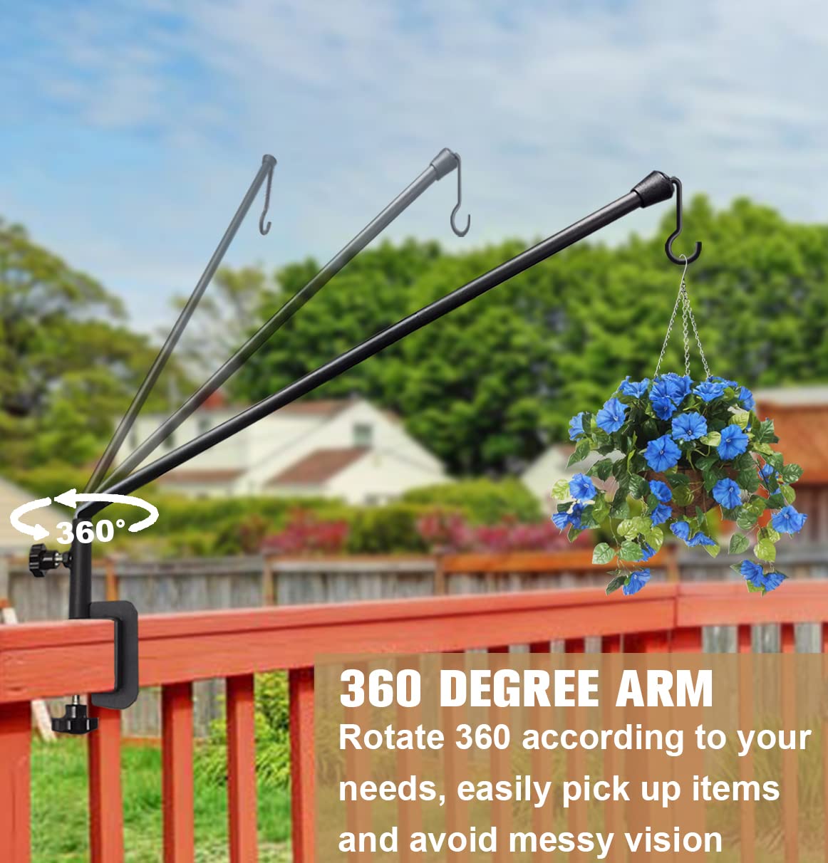 Tuohours outdoor plant hook supports a flower basket in sunlight