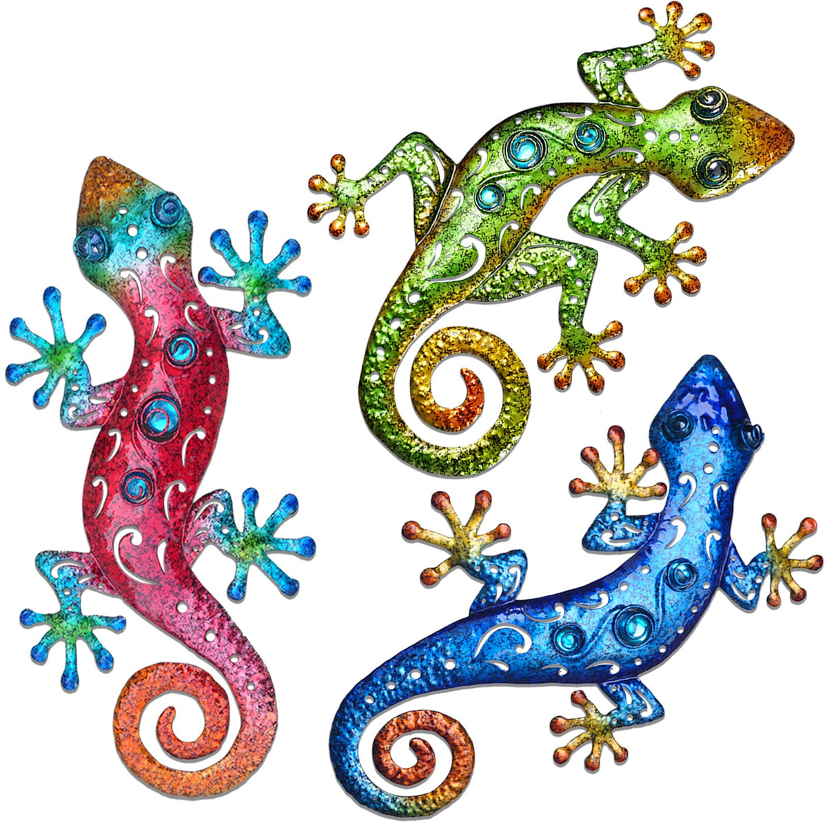Tuokiuhn gecko wall decor 3-pack mounted on fence adds vibrant outdoor color.