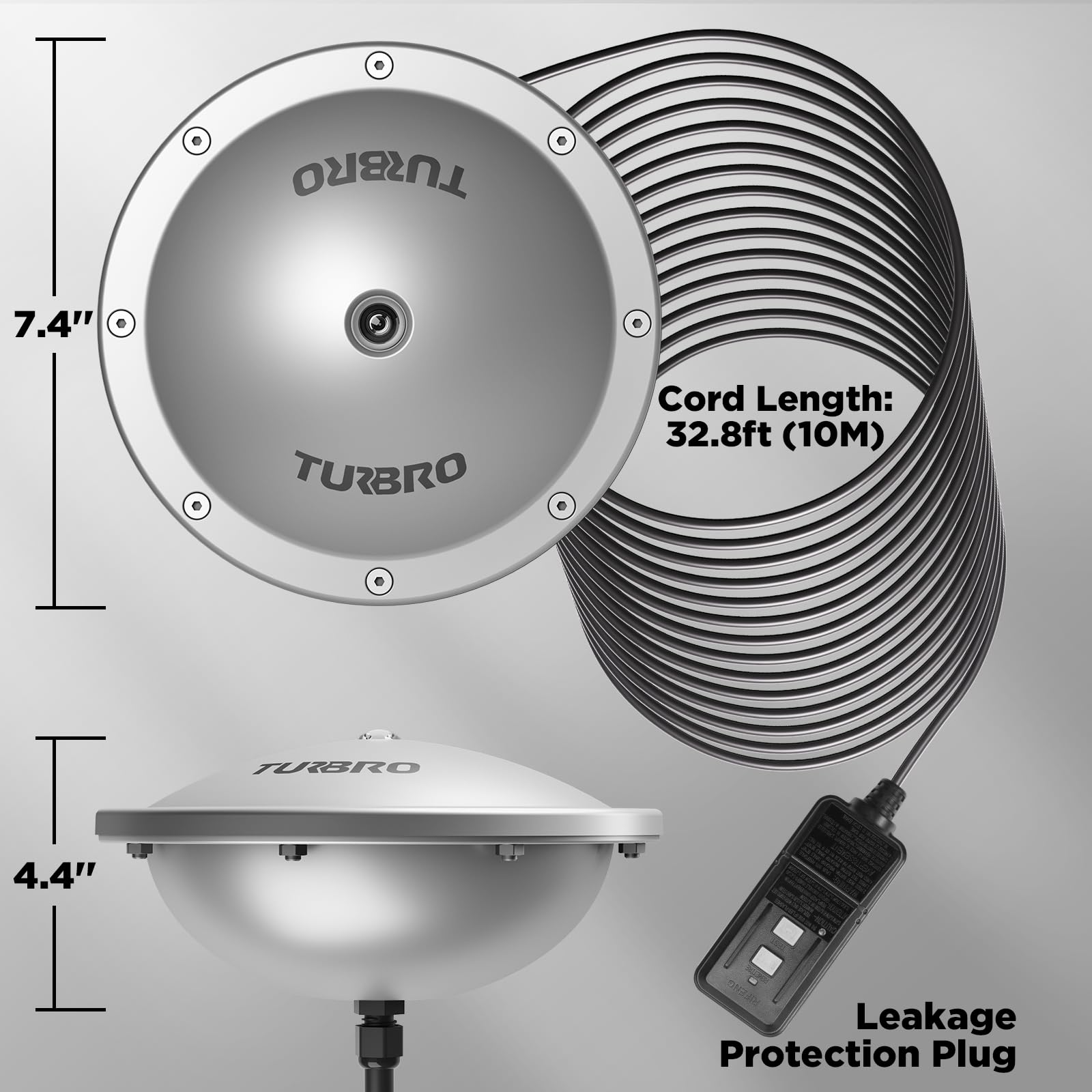 TURBRO pond de-icer includes GFCI leakage protection plug for safety.