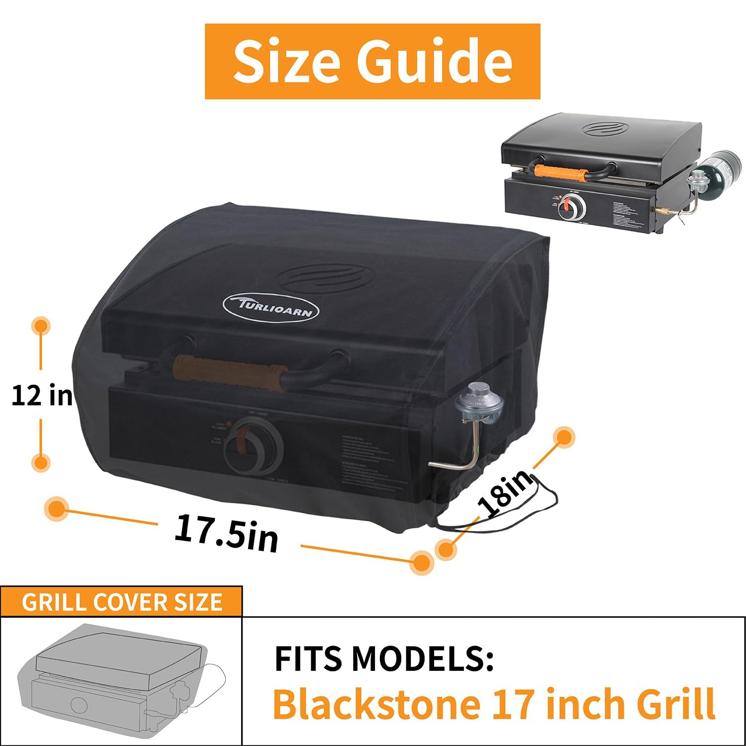 TURLIOARN Blackstone 17-inch griddle cover side view illustrating secure fit on the sides.