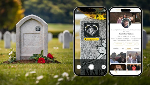 Tribute page linked to Turning Hearts QR medallion displayed on a screen.