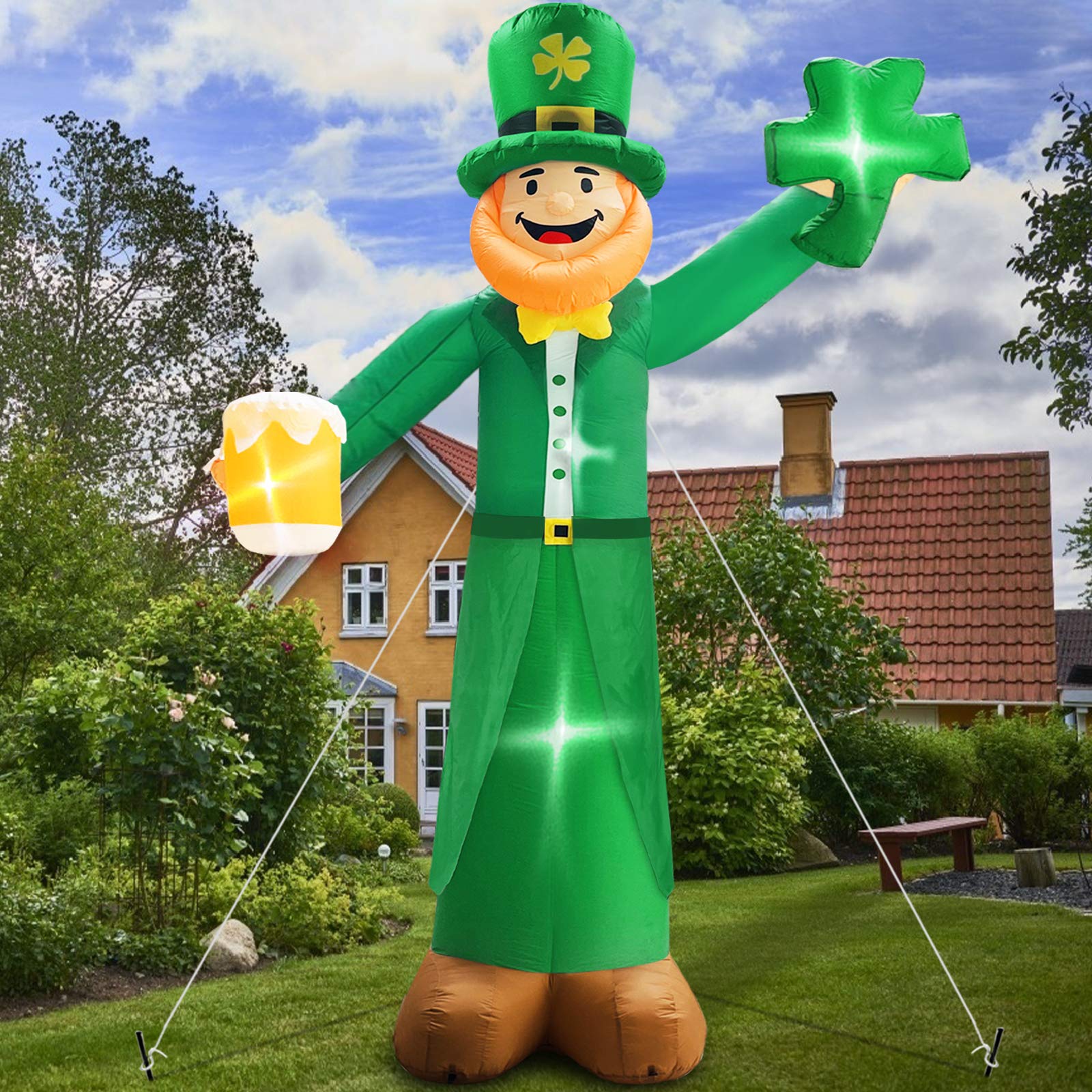TURNMEON 12 ft inflatable leprechaun holding shamrocks and beer for festive curb appeal
