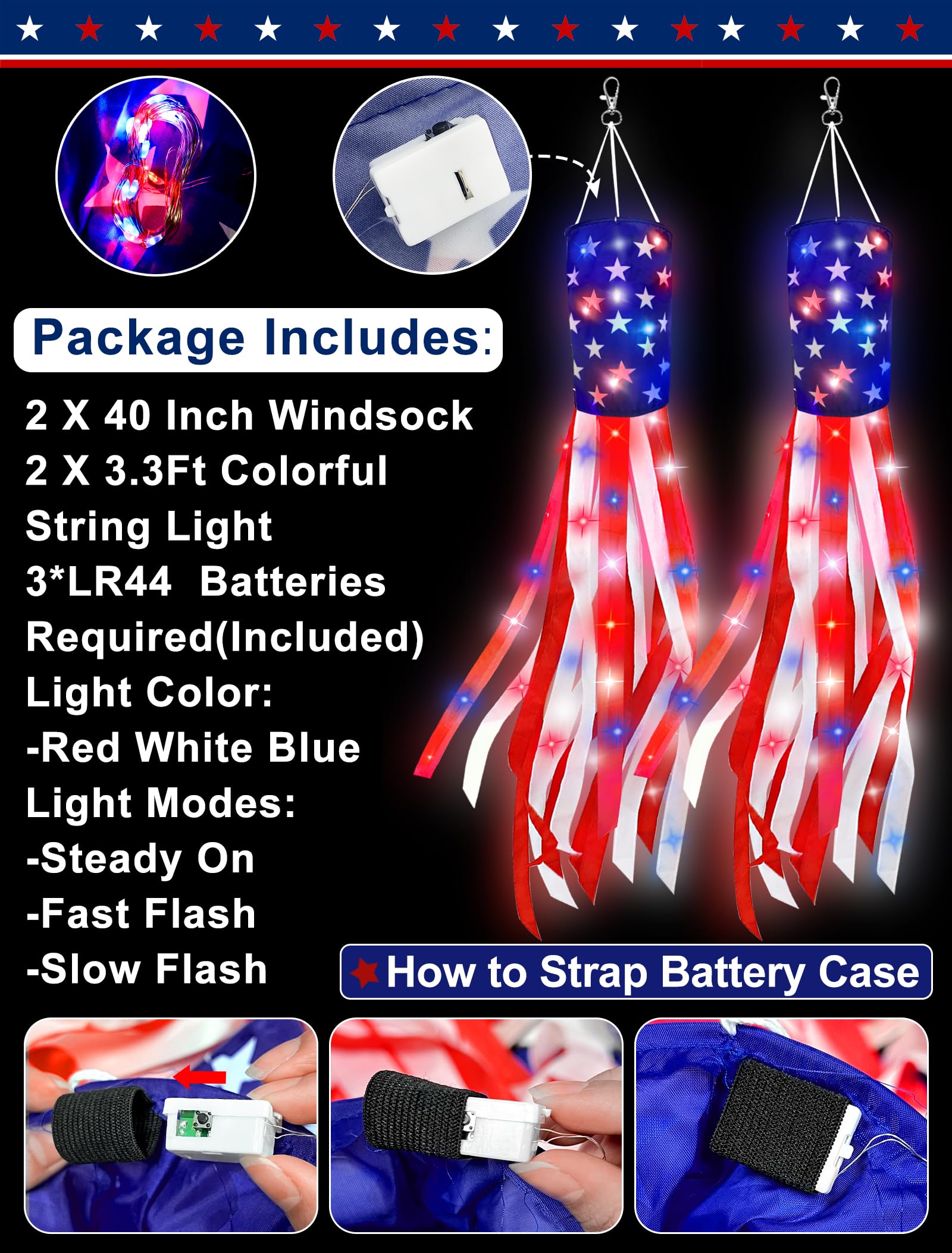 Turnmeon 3-mode LED windsock ideal for Independence Day celebrations