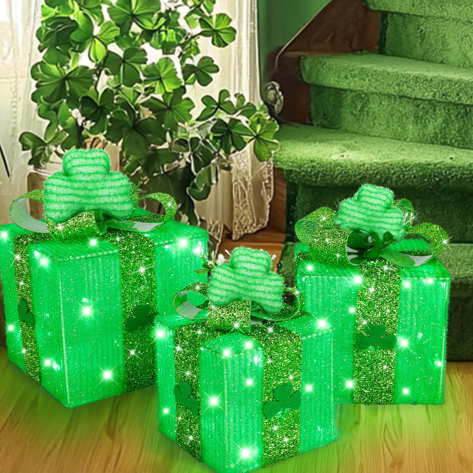 TURNMEON 3D shamrocks highlight festive focal points in windows or tables.