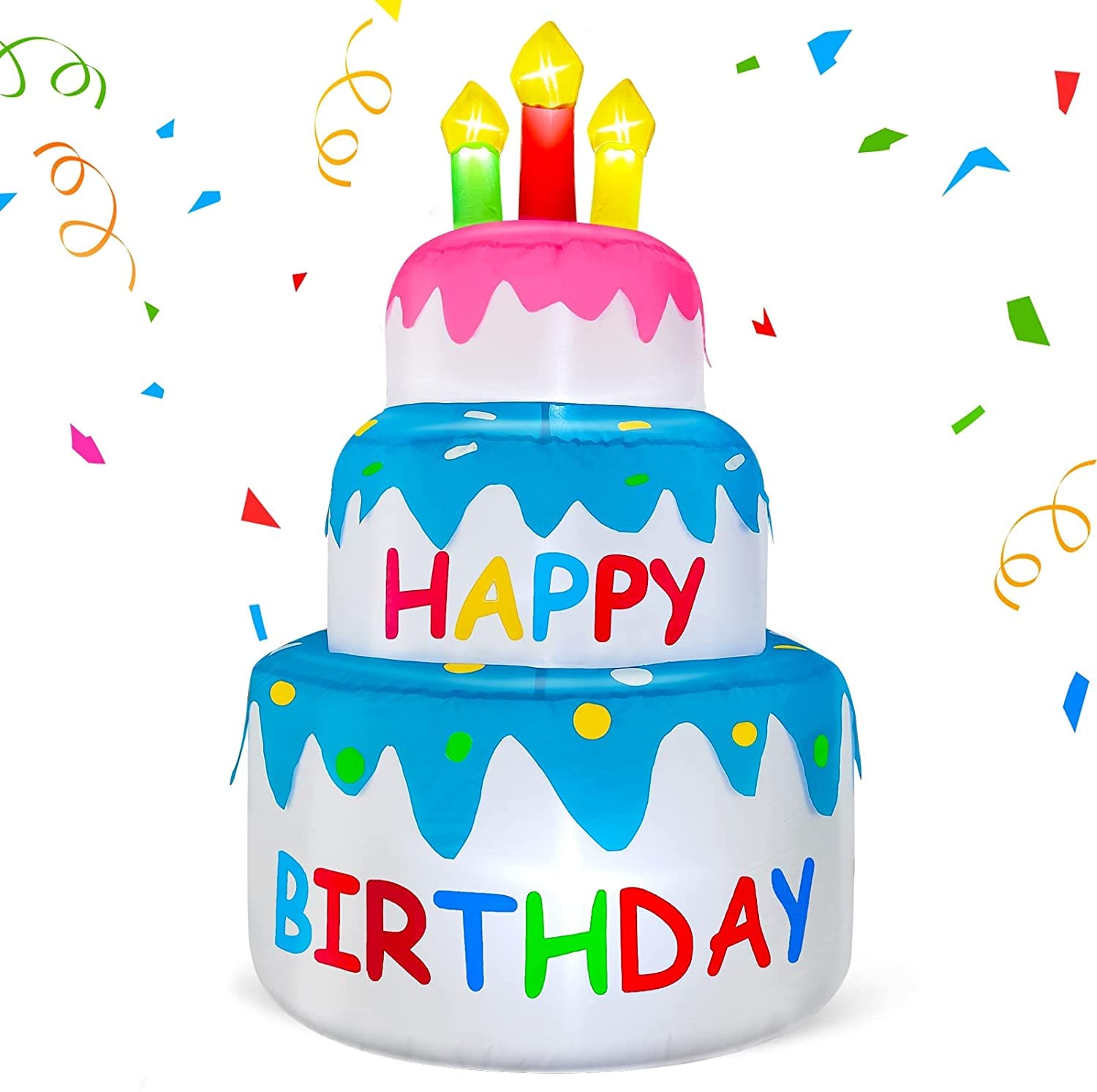 TURNMEON 4 ft inflatable birthday cake lights for outdoor celebrations.