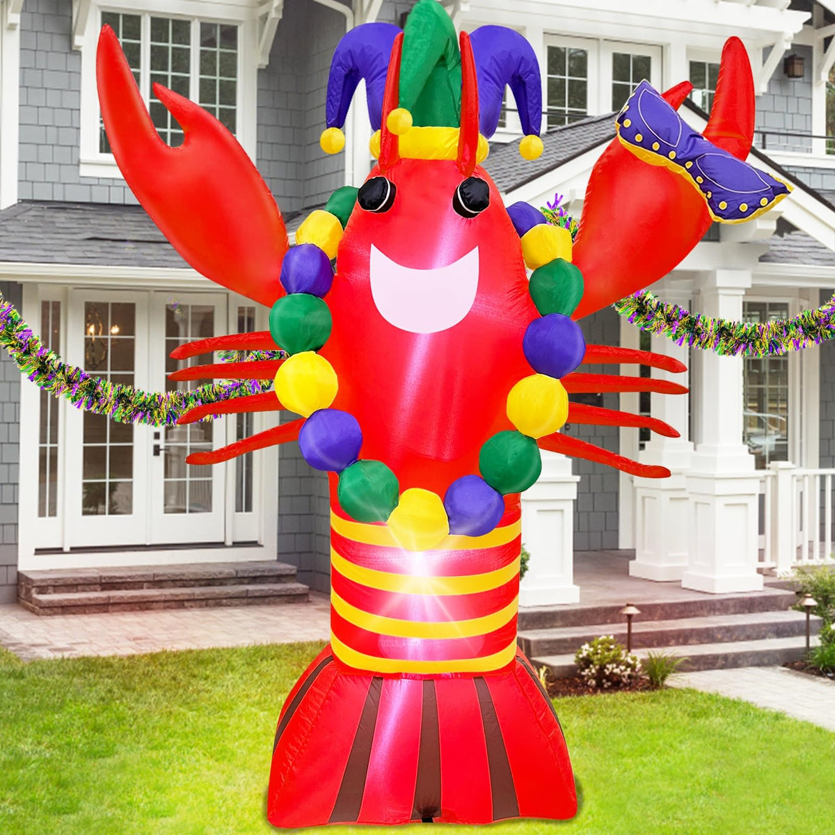 TURNMEON 6ft Mardi Gras inflatable lobster with crown and mask, LED lights brighten outdoor display