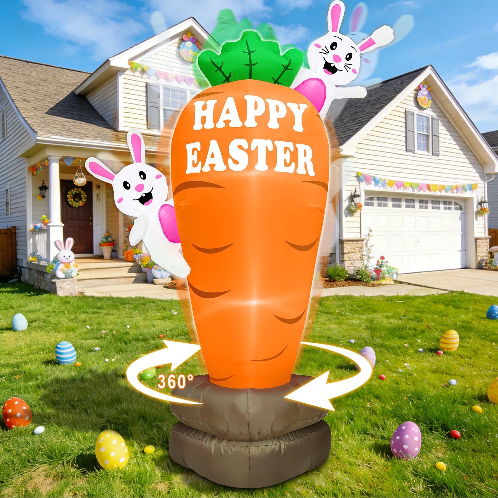 TURNMEON 6ft rotatable bunny on carrot inflatable for an eye-catching outdoor display.