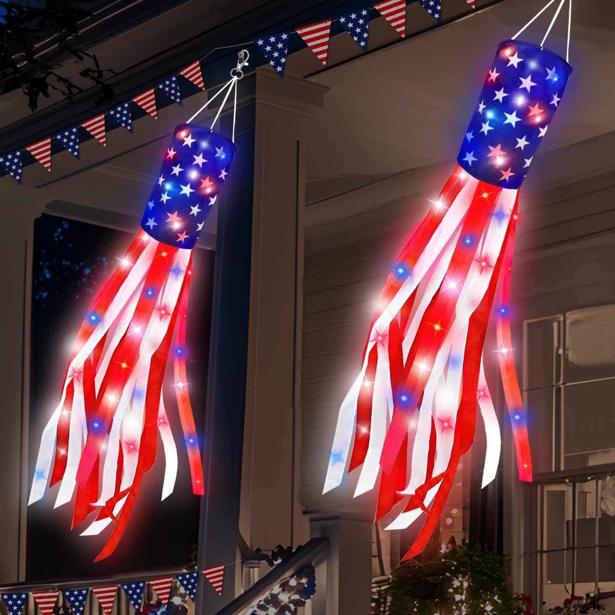 TURNMEON American flag windsock with lights for outdoor porch decor.