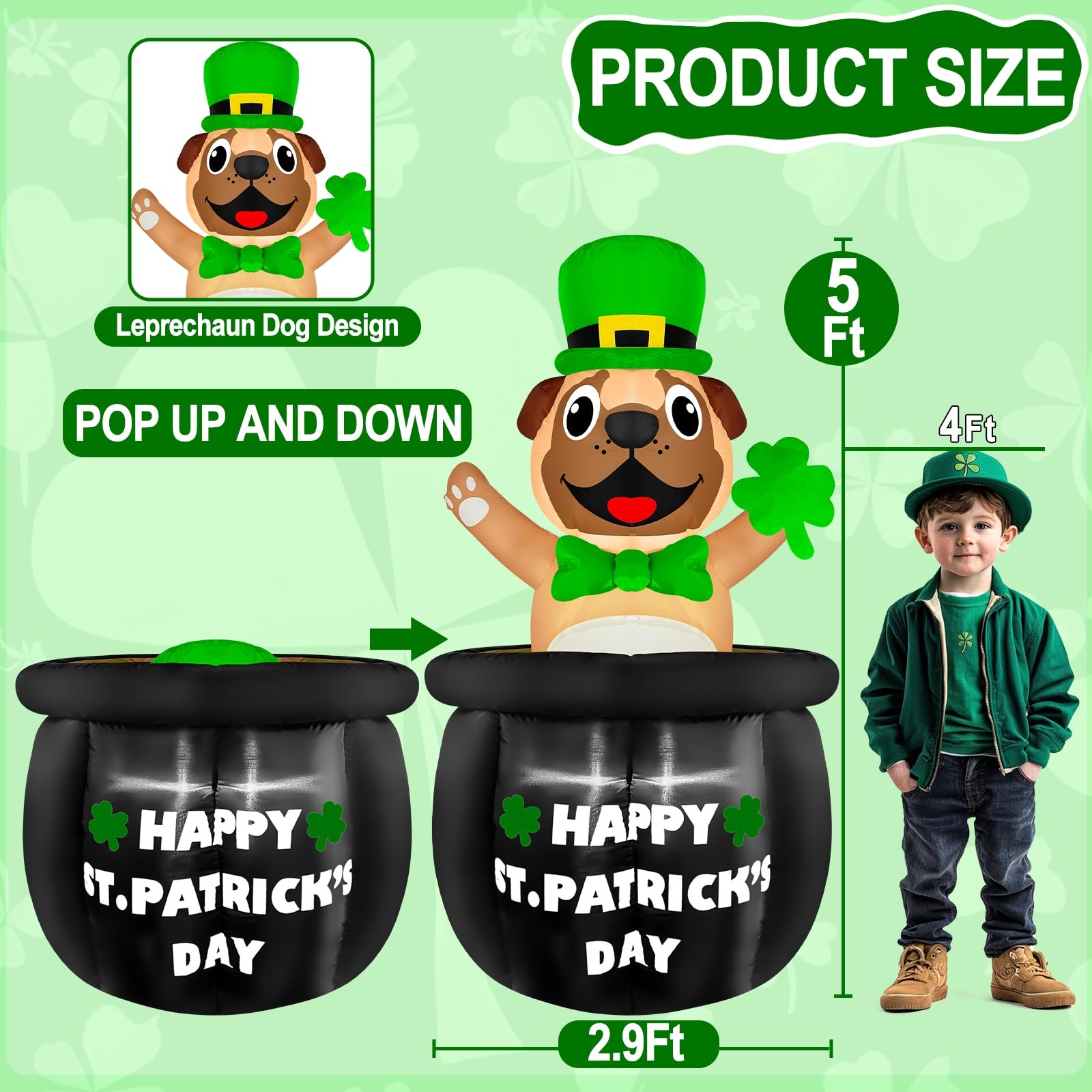 TurnMeOn bulldog inflatable with pot of gold and shamrock LED lighting.