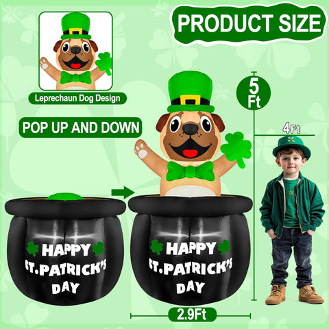 TurnMeOn bulldog inflatable with pot of gold and shamrock LED lighting.