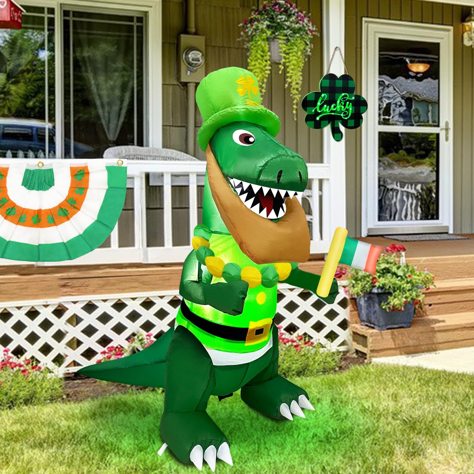 TURNMEON dinosaur beside Irish flag in left-hand pose for yard celebration