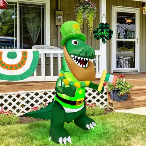 TURNMEON dinosaur beside Irish flag in left-hand pose for yard celebration