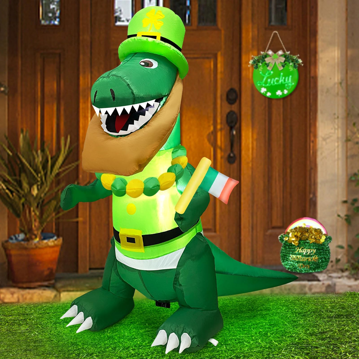 TURNMEON dinosaur wearing a leprechaun hat with Irish flag for outdoor display