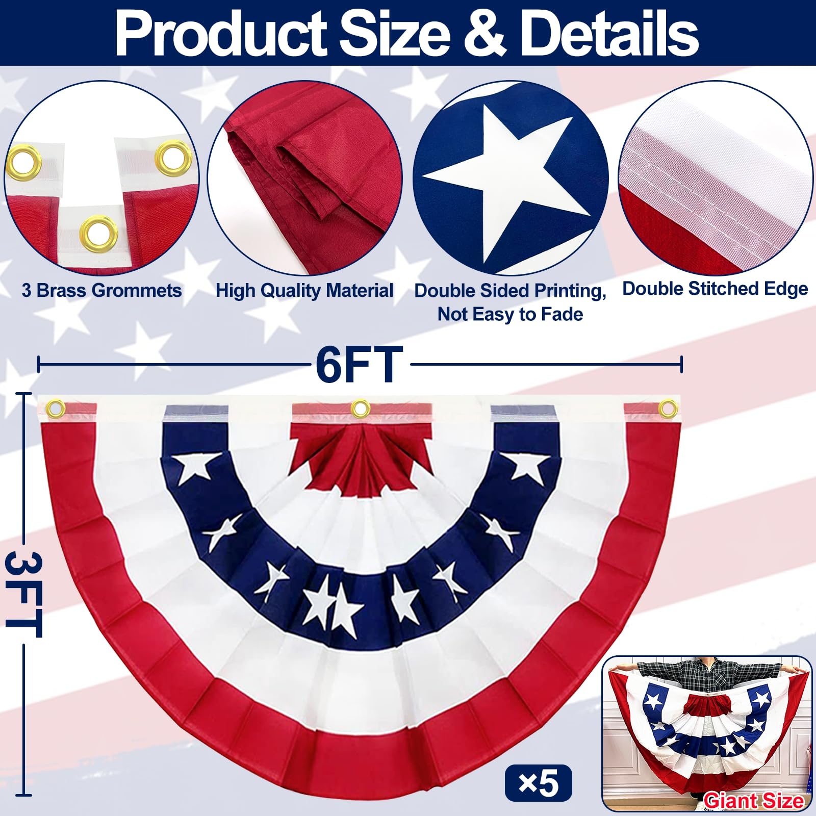 TURNMEON double-sided US flag bunting showing stars and stripes for versatile display.