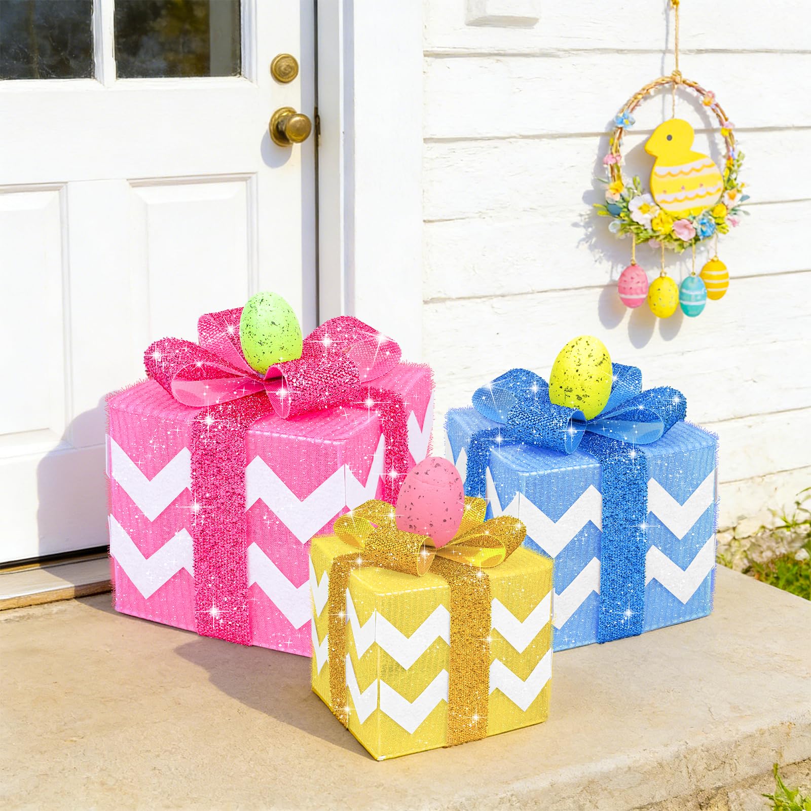 TURNMEON Easter gift box with bow and ornaments – 3D eggs add festive detail.
