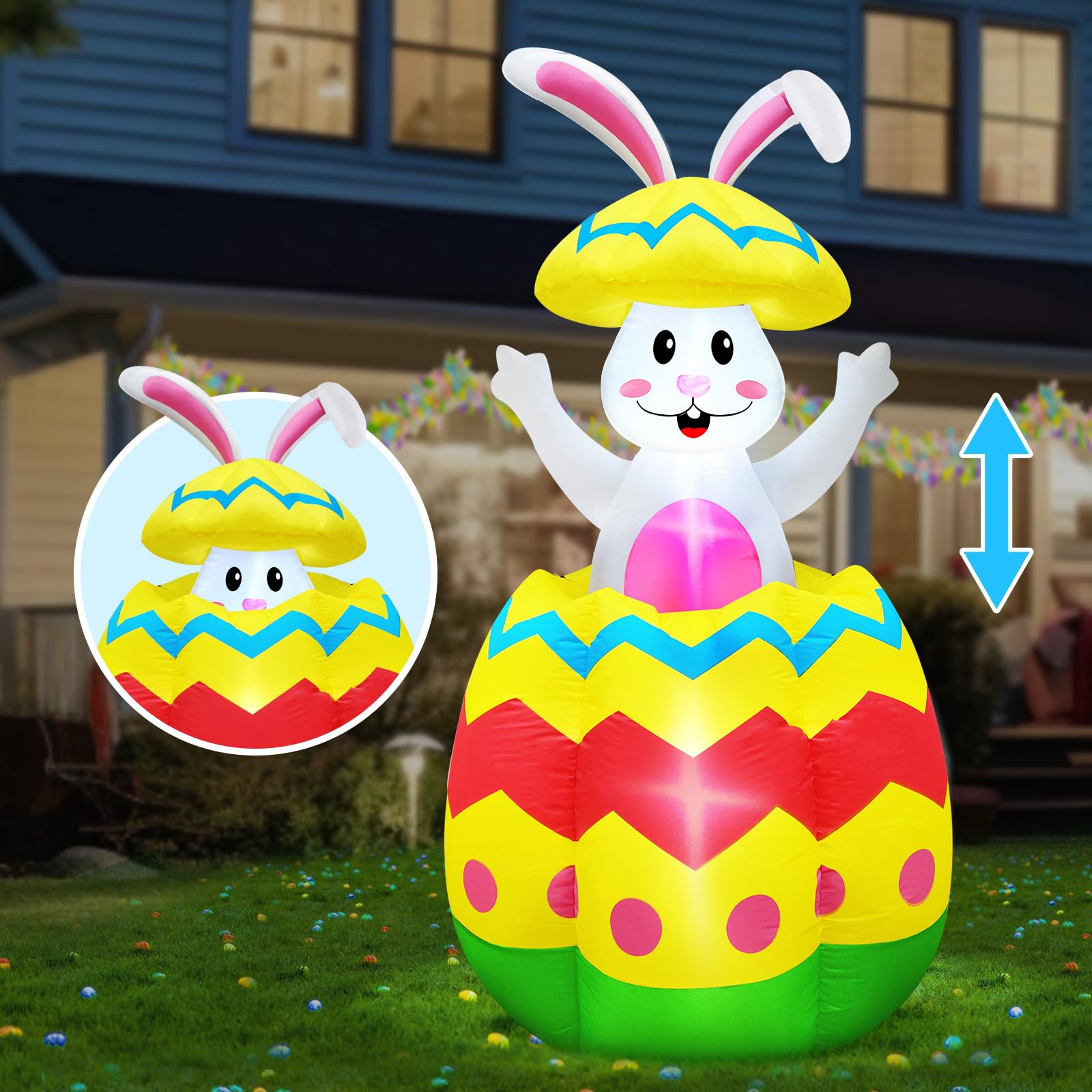 TURNMEON Easter inflatable bunny 5.7ft emerging from a colorful egg for outdoor display.