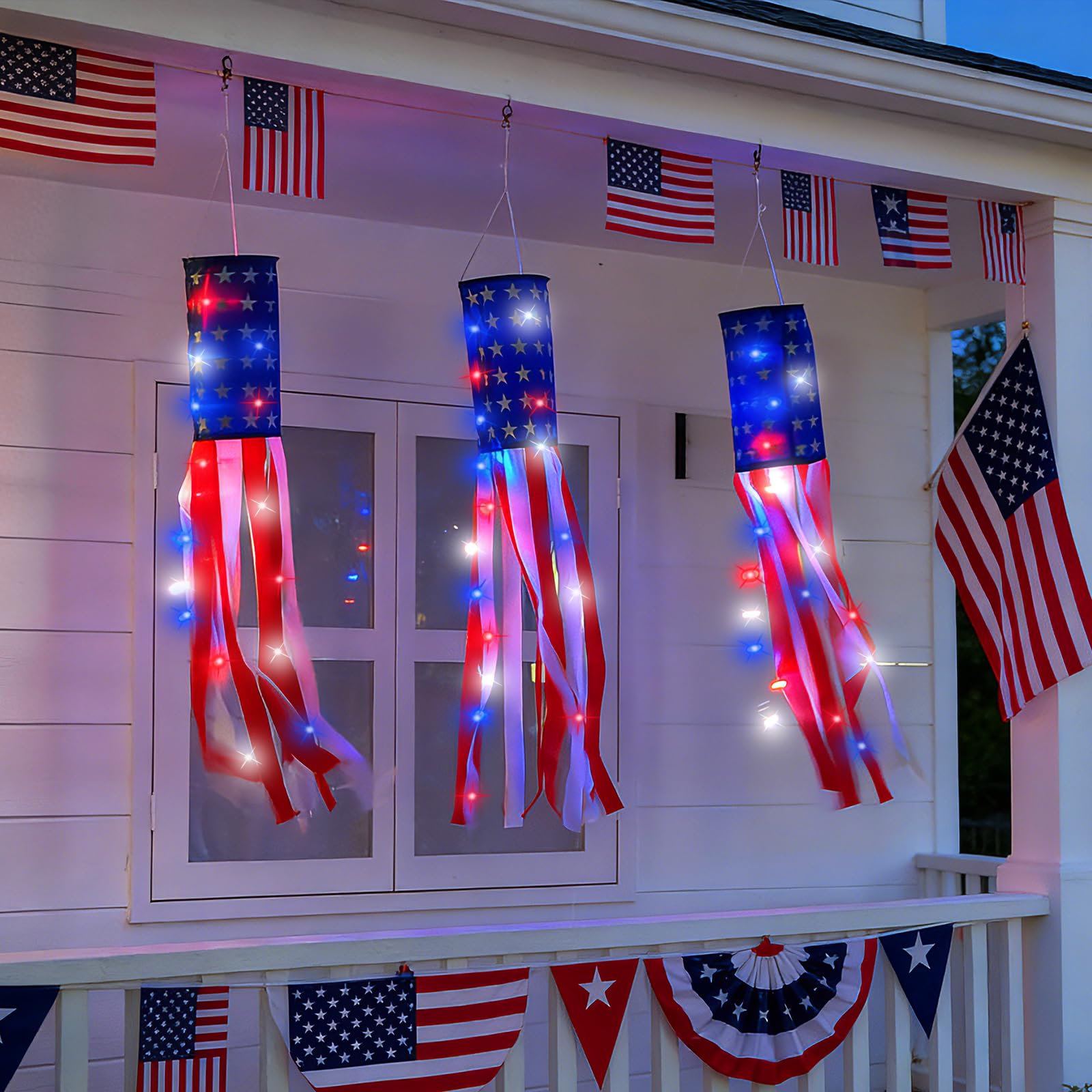 TURNMEON evening yard ambiance with illuminated windsock under soft dusk light.