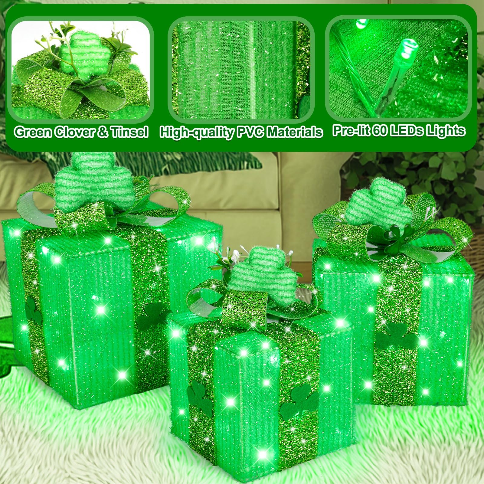 TURNMEON green bow detail enhances shimmer on each St Patrick's box.