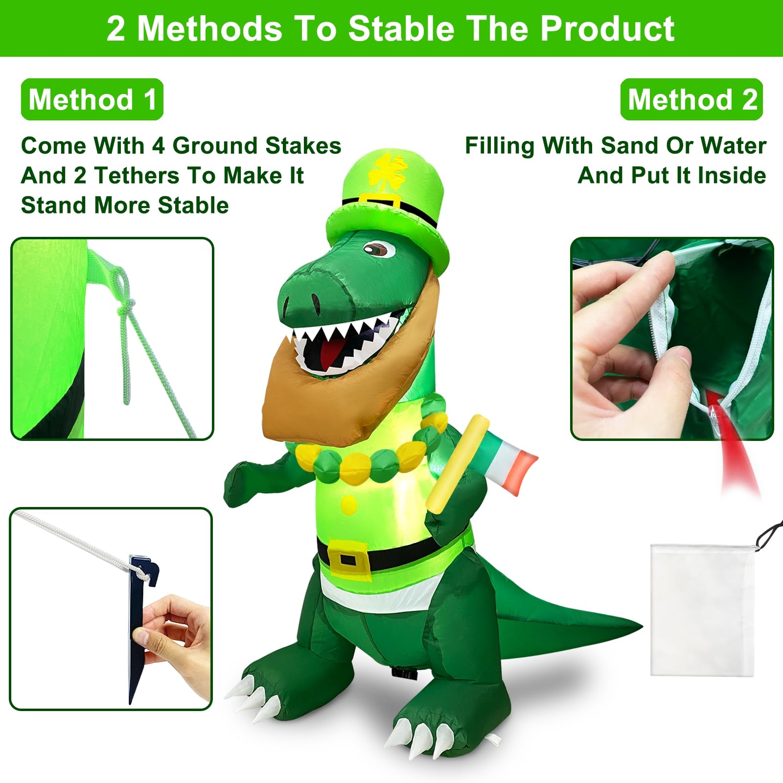 TURNMEON inflatable dinosaur outdoors secured with stakes and tethers
