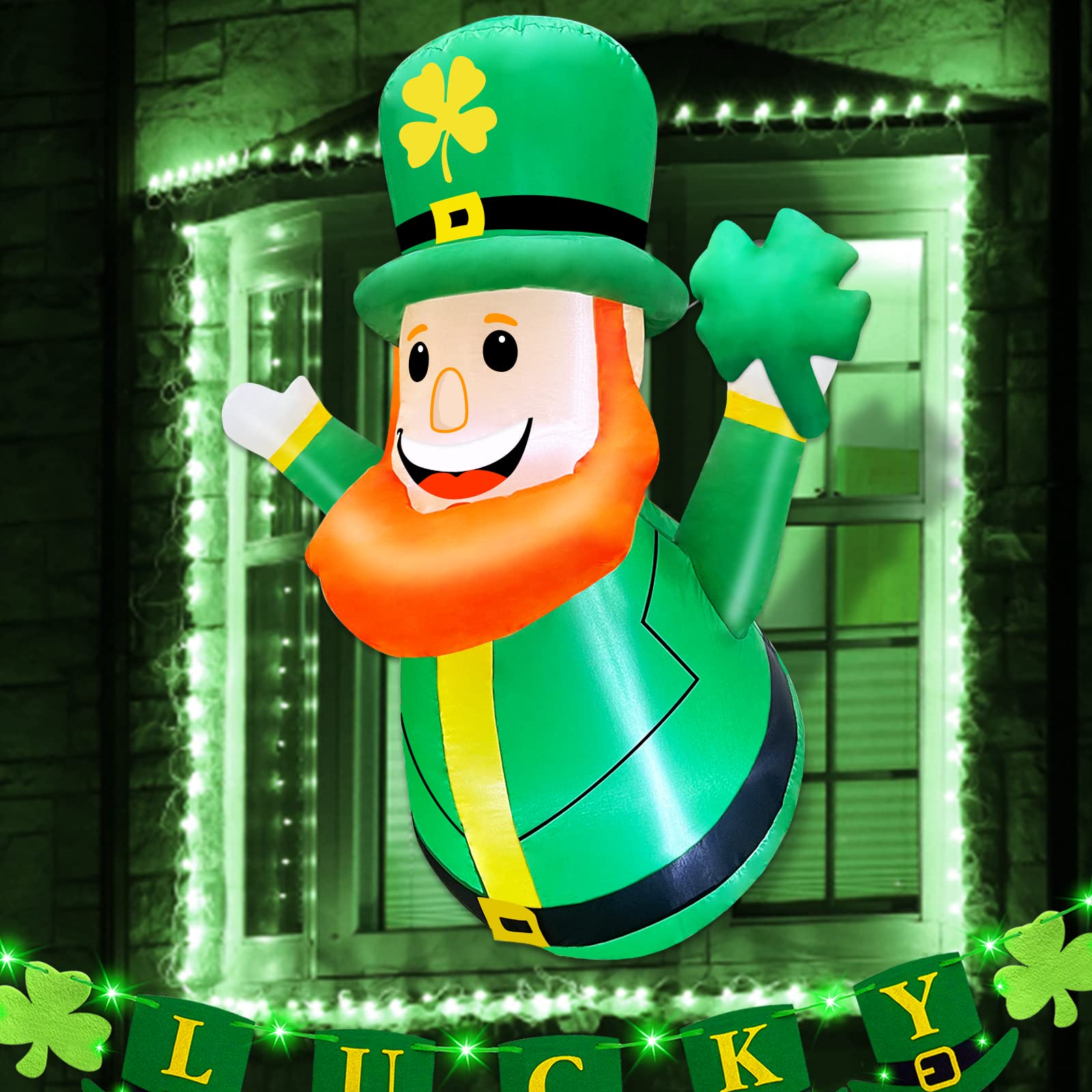 TURNMEON Leprechaun holds shamrocks for charming window displays.