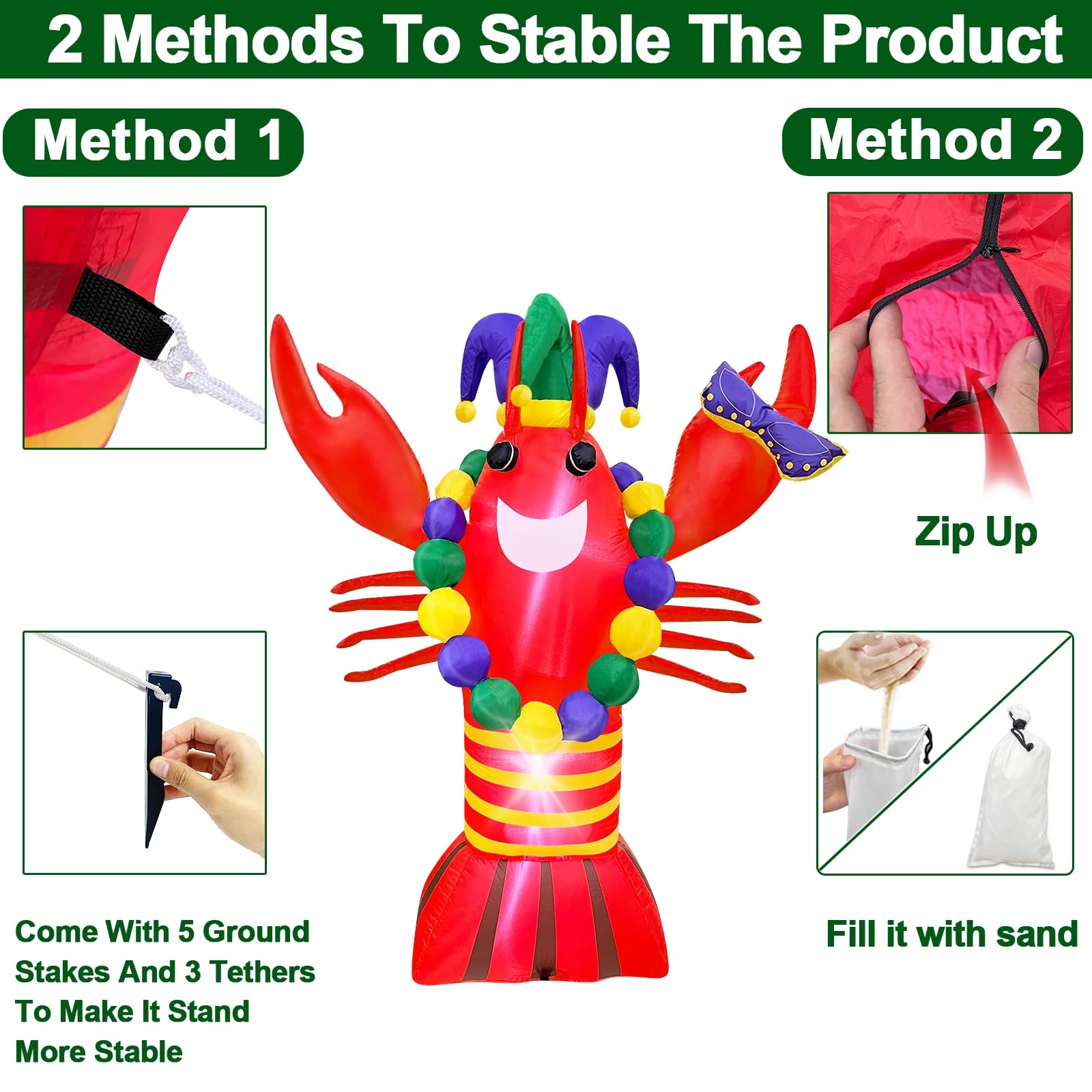 TURNMEON lobster inflatable with mask and LED illumination for doorway or lawn