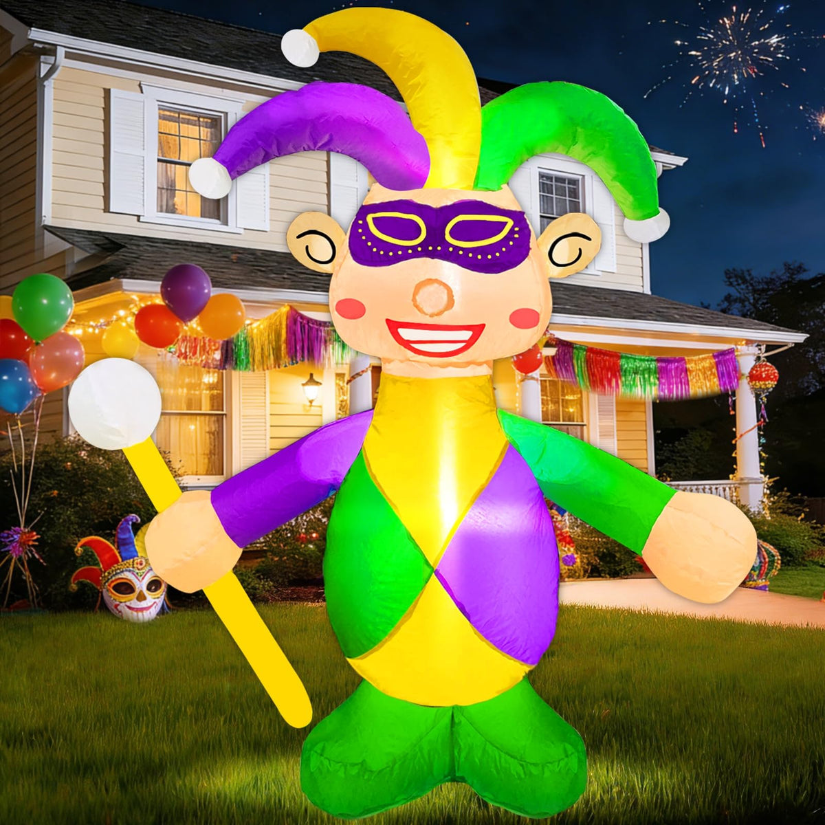 TURNMEON Mardi Gras inflatable jester front view with LED glow for nighttime yard centerpiece.