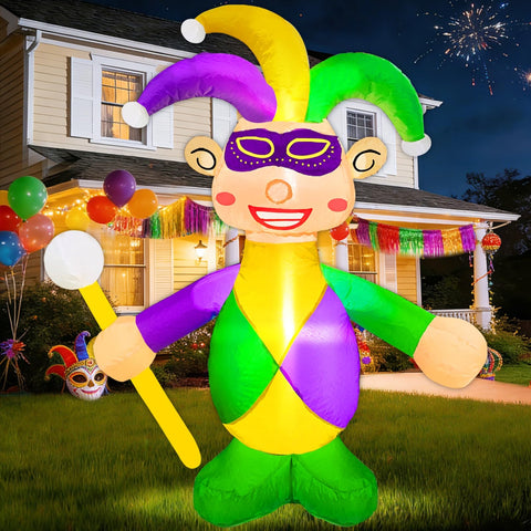 TURNMEON Mardi Gras inflatable jester front view with LED glow for nighttime yard centerpiece.