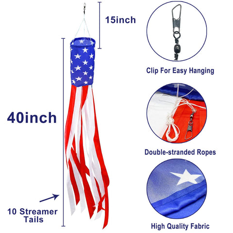 TURNMEON outdoor patriotic windsock in red, white, and blue, ideal for seasonal displays.