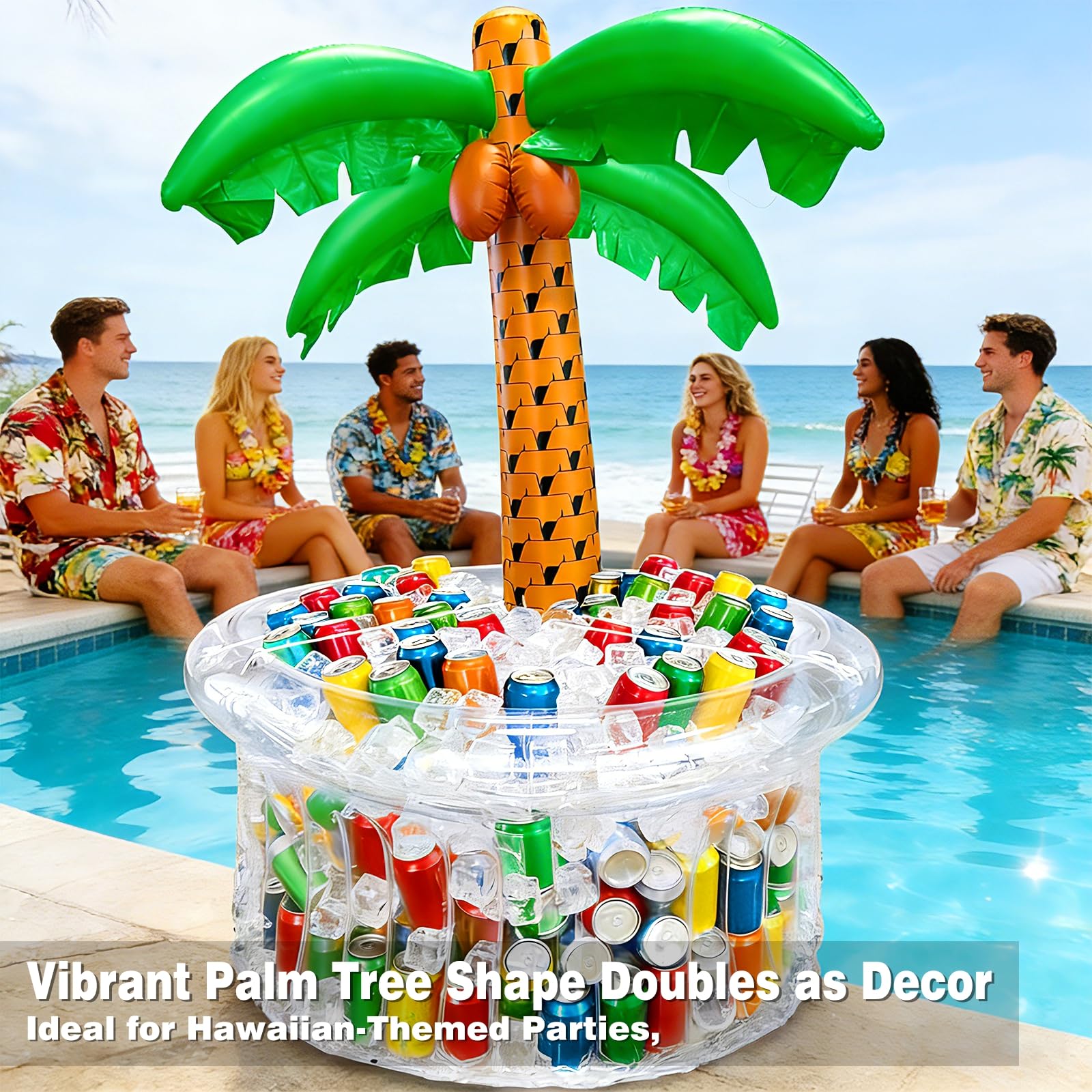 TurnMeOn palm tree cooler ice buckets inside emphasizes capacity for 200+ cans.